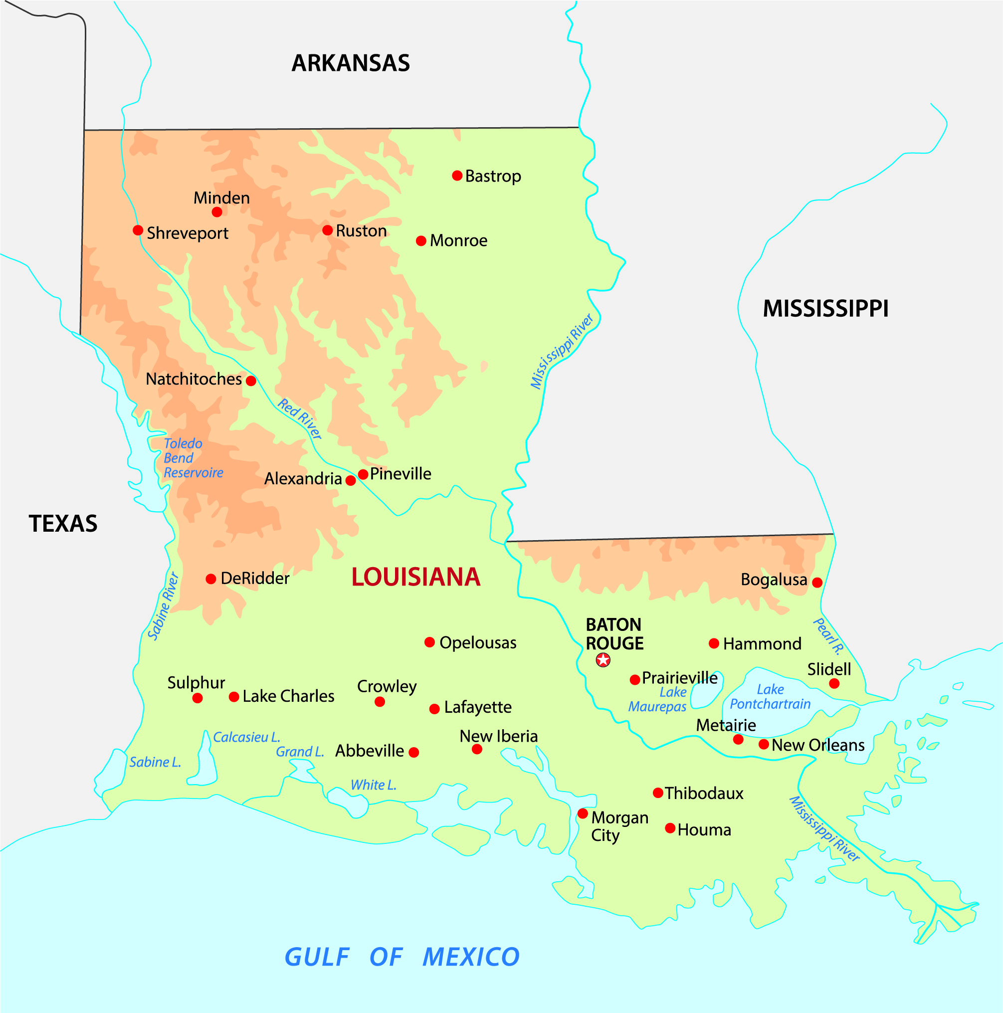 simple colored louisiana state physical vector map